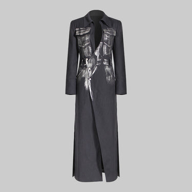 Black Niche Design Trench Coat Women Handmade Metal Silver Brush Color Rock Artist Super Long Blazer - Modestly Vogue